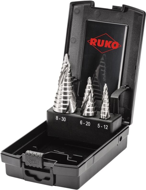 RUKO ULTIMATECUT Stufenbohrer-Satz HSSE-Co 5 mit FLOWSTEP® Spitze in Kunststoffkassette - 3 tlg. - 101626ERO