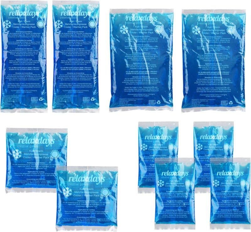 Relaxdays Kühlpads, 10er Set, 4 Größen, Kalt Warm Kompressen, mikrowellengeeignet, Gel Kühlkompressen, Kühlpacks, blau