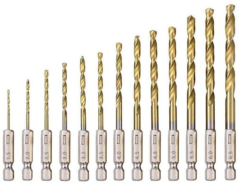13-teiliges HSS-Spiralbohrer-Set, Sechskantbohrer aus Hochleistungsschnellstahl mit Titanbeschichtung, 1,5 mm – 6,5 mm, ...