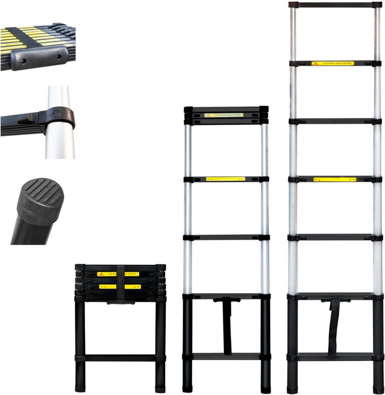 Teleskopleiter 2m TELESCOO7, Aluminium, Zusammenklappbar, Ausziehbar, Max Arbeitshöhe 2,9m, Standart EN131, 5 Jahre Gara...