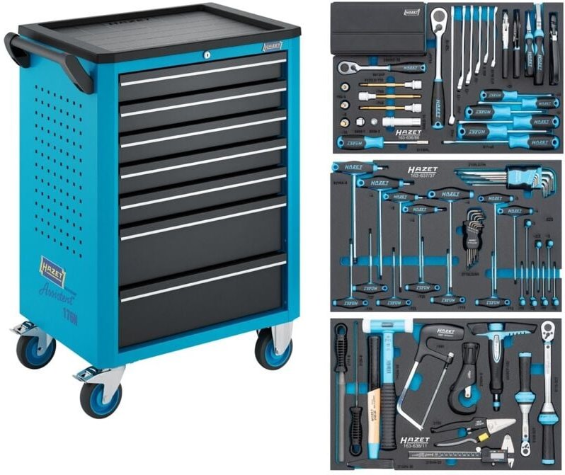 Hazet Werkstattwagen Assistent 176N-7, Sortiment, 136-tlg., Schubladen, flach: 5× 81 x 522 x 348 mm, Schubladen, hoch: 2...