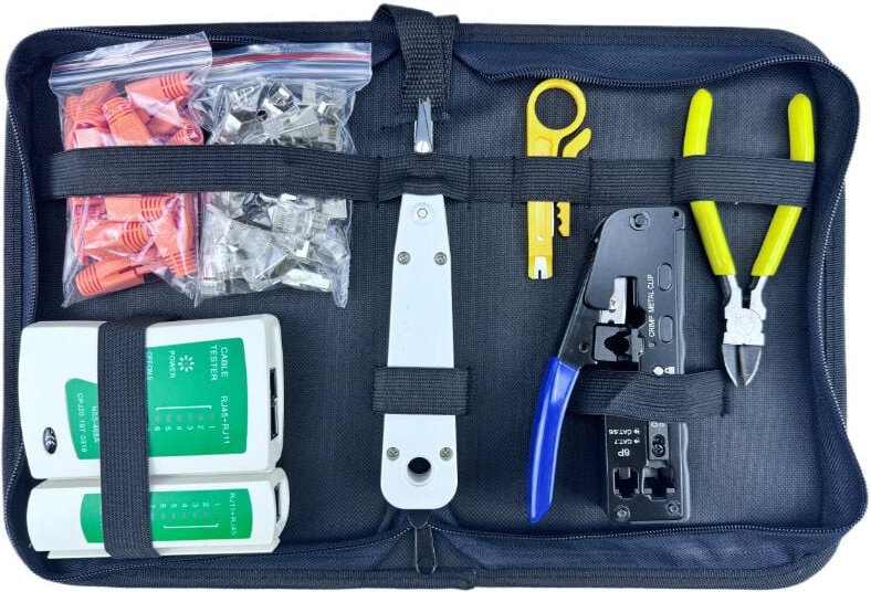 Netzwerk Werkzeug Set, RJ45 Crimpzange mit 20 x RJ45 Stecker Cat7/Cat6a Pass Through, Netzwerktester, lsa Auflegewerkzeu...