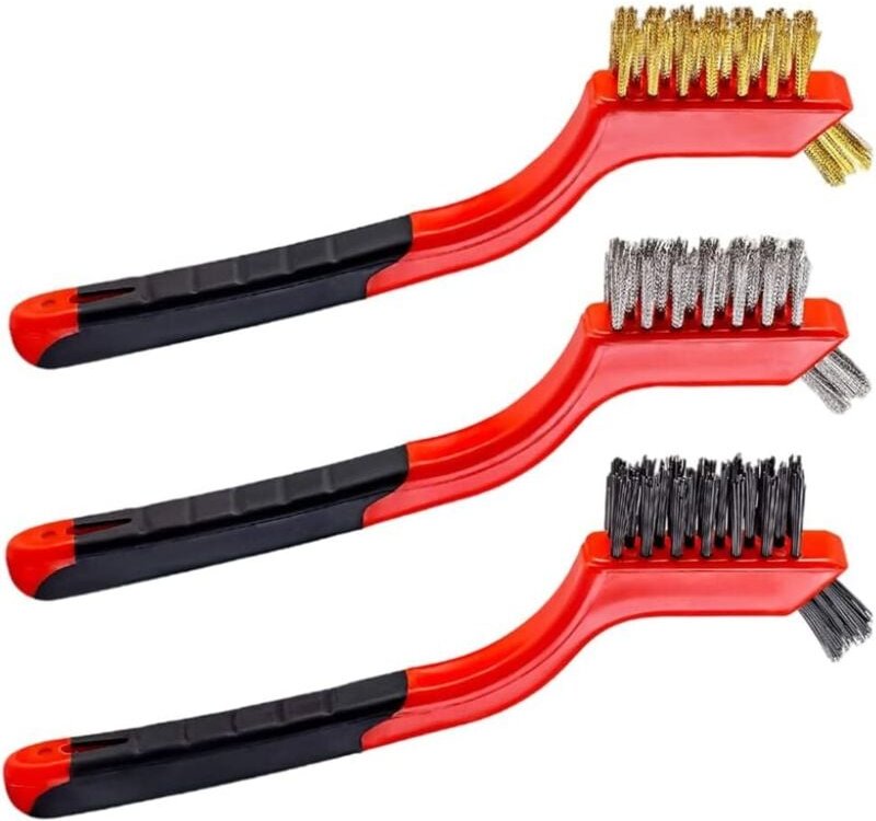 Doppelkopf-Reinigungsdrahtbürste aus Messing und Edelstahl mit 3 roten Borsten