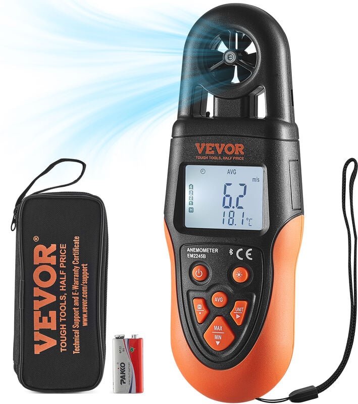 Anemometer 78,4MPH Luftgeschwindigkeitsmesser 191x67x43mm Windmesser IP44 Windmessgerät Windstärkemesser MAX/MIN/AVG/CU-...