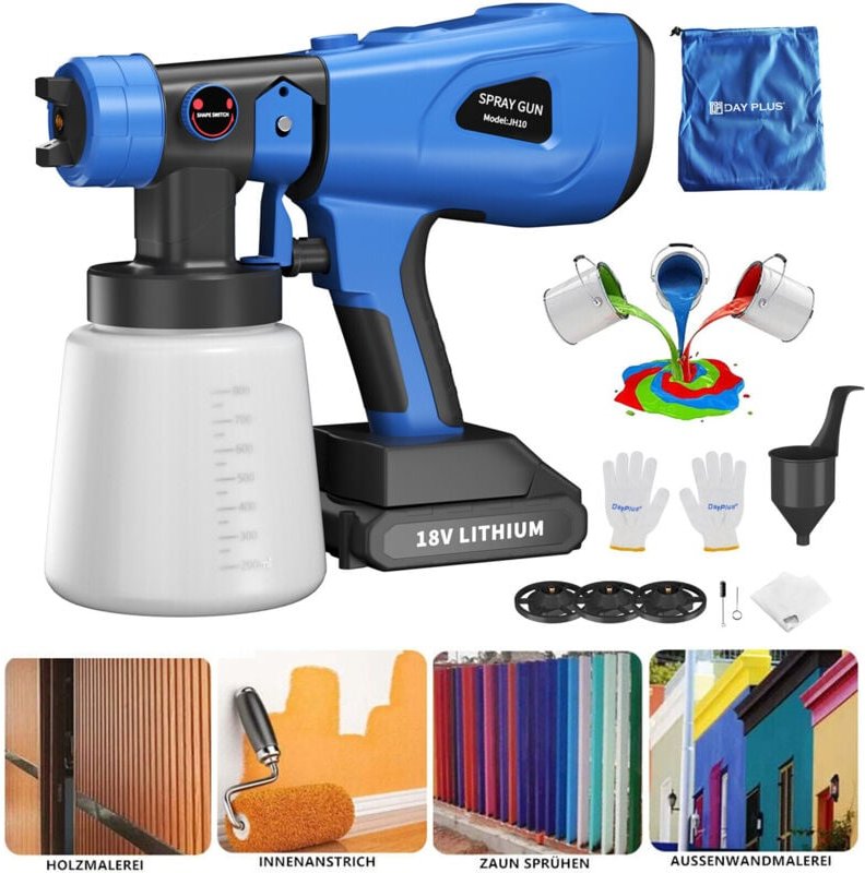 Dayplus - 1000ml Farbsprühsystem Wandfarbe Farbsprühgerät Spritzpistole Mit Zubehör Akku