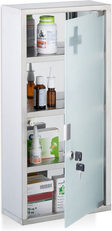 Relaxdays Medizinschrank, 4 Fächer, HBT: 57 x 27 x 12 cm, abschließbarer Medikamentenschrank, Edelstahl, Glastür, silber