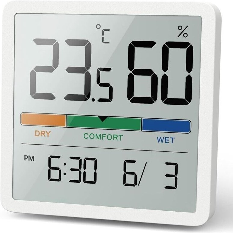 Digitales Tischthermometer mit Temperatur- und Feuchtigkeitsanzeige, präzises Raumthermometer mit Uhr und Feuchtigkeitsm...