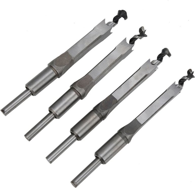 Set mit 4 Vierkantbohrern für die Holzbearbeitung (12,7 bis 16 mm), Wälzlagerstahl, U-förmige Spanabfuhrnuten, für mitte...