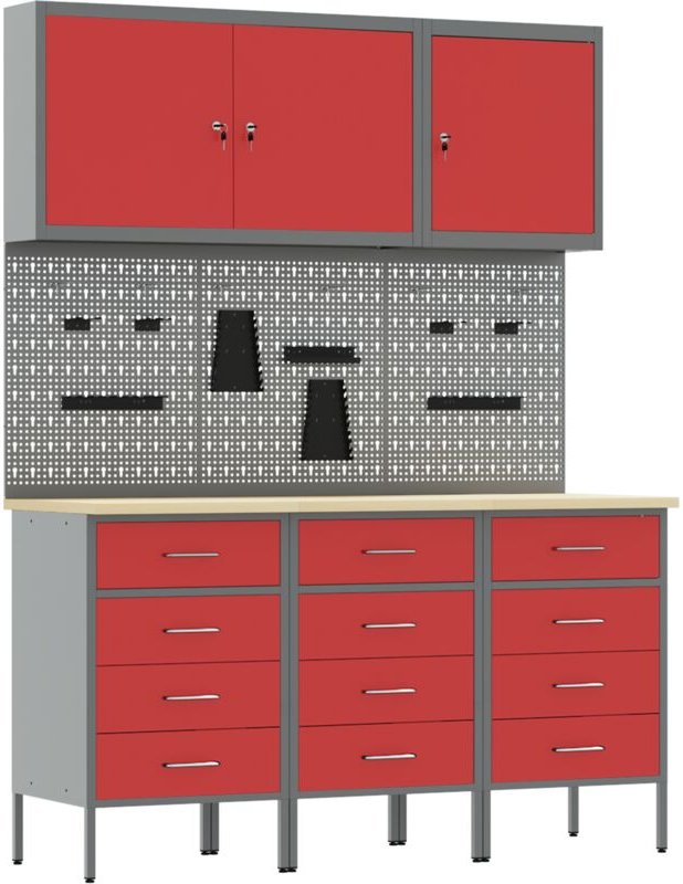 8-tlg. Werkstattschrank-Set mit Stecktafel Rot MDF und Metall vidaXL