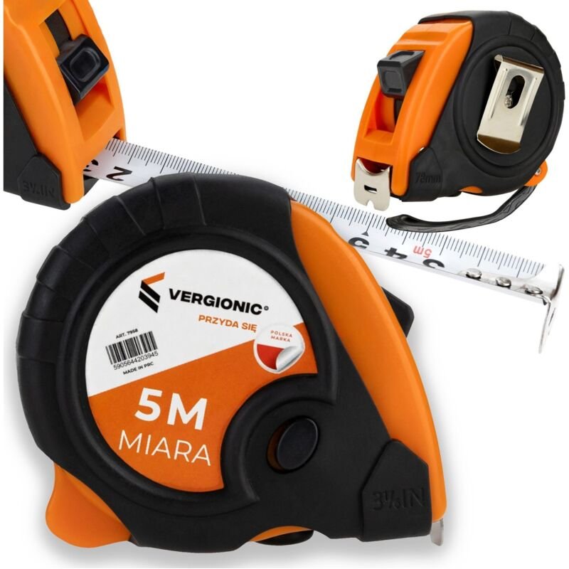 Aufrollbares Maßband mit Hakenverschluss, ergonomisches Maßband, 5 m, orange