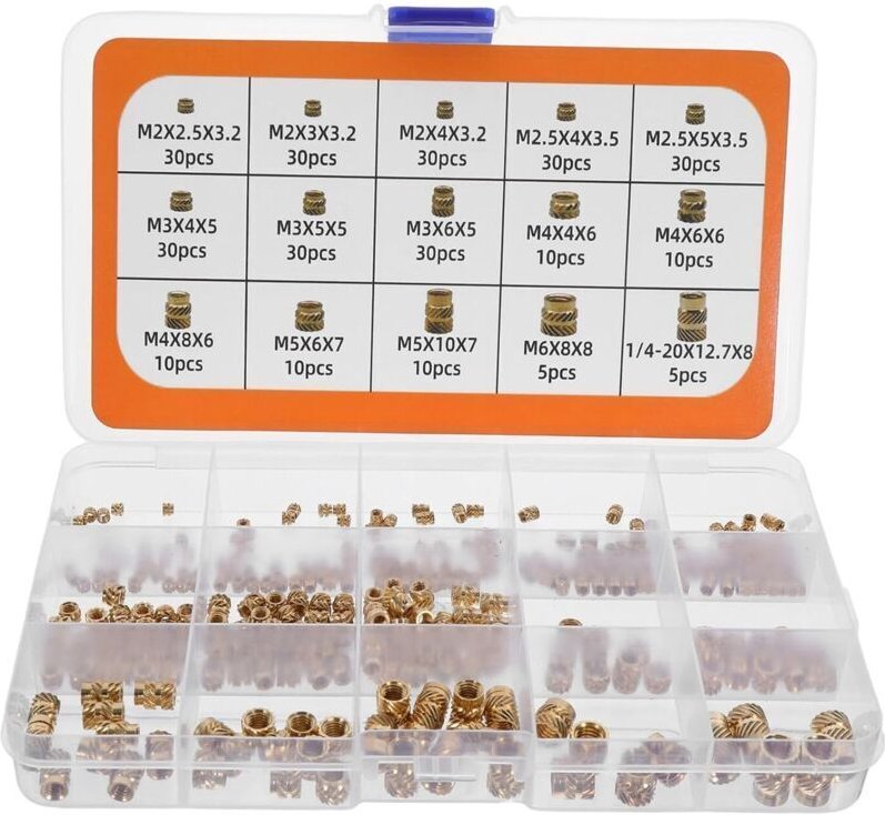 Satz mit 300 wärmeversiegelten Messing-Rändelmuttern mit Kunststoff-Gewindeeinsätzen, Größen M2 bis M6 und 1/4-20, geeig...