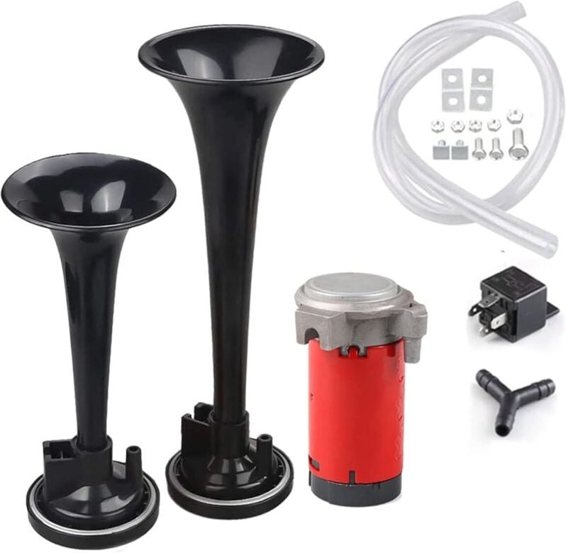 12-V-Autohupe, universelle laute Drucklufthupe, 12-V-178-dB-Doppeltrompeten-Lufthupe mit Kompressor-Kit, super laute Lau...