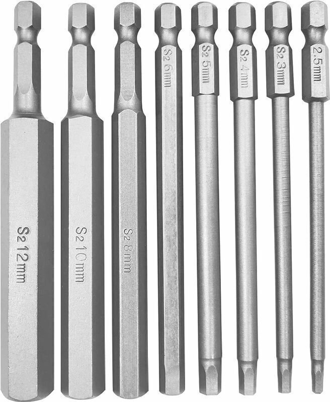 Set mit 8 Sechskant-Schraubendreherbits, 100 mm lang, magnetisch, mit 1/4"-Sechskantschaft – H2,5 bis H12 für Schraubend...