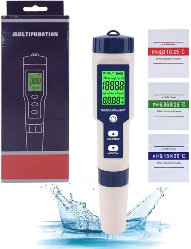 PH-Sonde Pool, Salzgehaltmessgerät für Poolwasser, 5-in-1 TDS/EC/Salzmessgerät/Thermometer/PH-Wasserqualitätstester, dig...