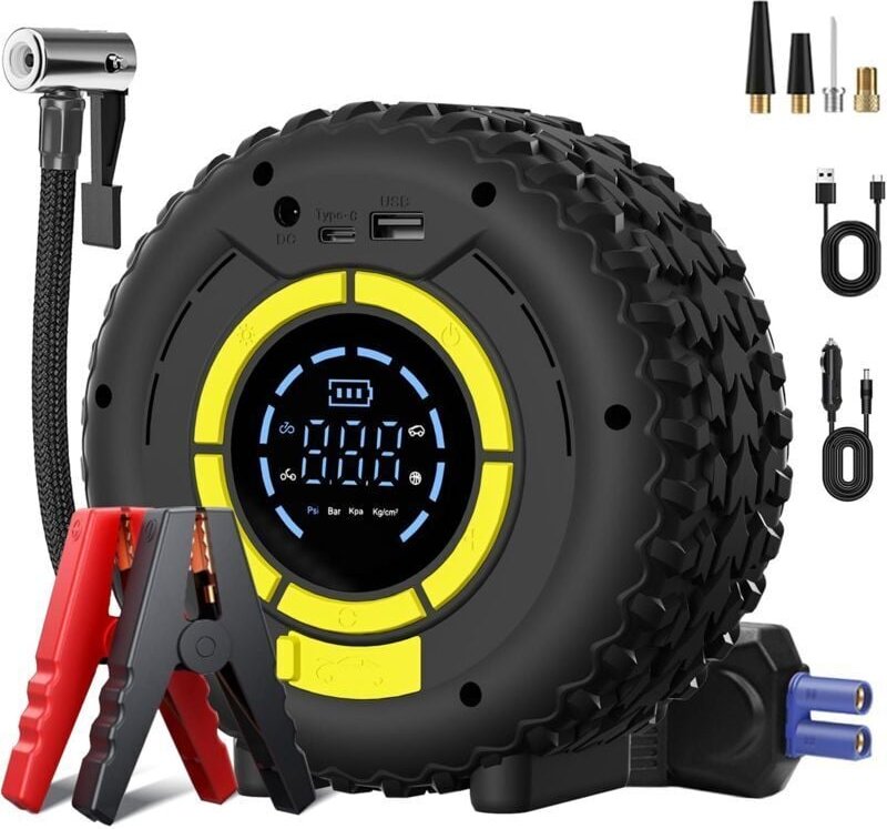150PSI Starthilfegerät & Reifenfüller – 120-W-Starthilfe, tragbarer Luftkompressor, 4 intelligente Modi, LCD-Bildschirm,...