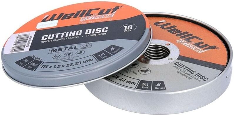 WellCut 10x Metall-Trennscheibe Extreme, Durchmesser 115 mm, 1,2 mm Dicke, 22,3 mm Bohrung, in Metallbox, nur für Trocke...