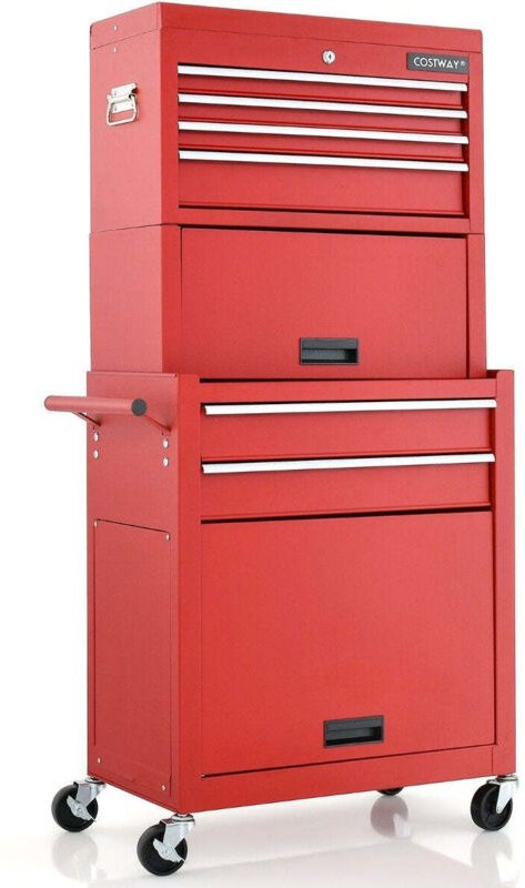 Northix - Abschliebarer 2 in 1 werkzeugtruhe mit hoher kapazitat griff 6 schubladen 4 radern abnehmbare rot