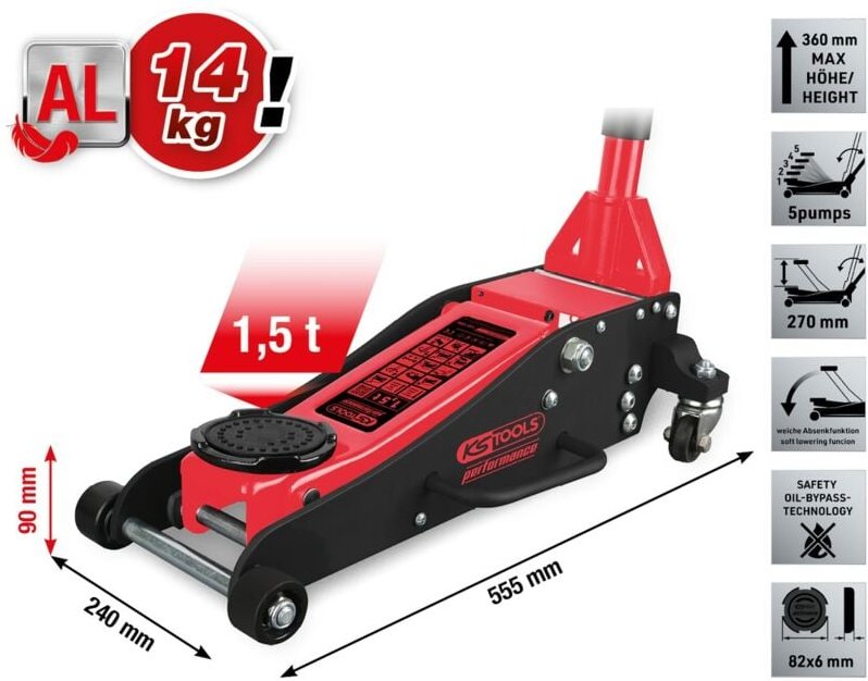 KS Tools performance Hydraulischer Aluminium-Wagenheber, 1500 kg, Hubhöhe: 90-360 mm