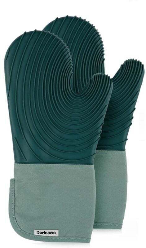 Set aus Silikon-Küchenhandschuhen, mit Baumwolle gefütterte Handschuhe, BPA-frei, lange Kochhandschuhe und Dreibein, Sil...