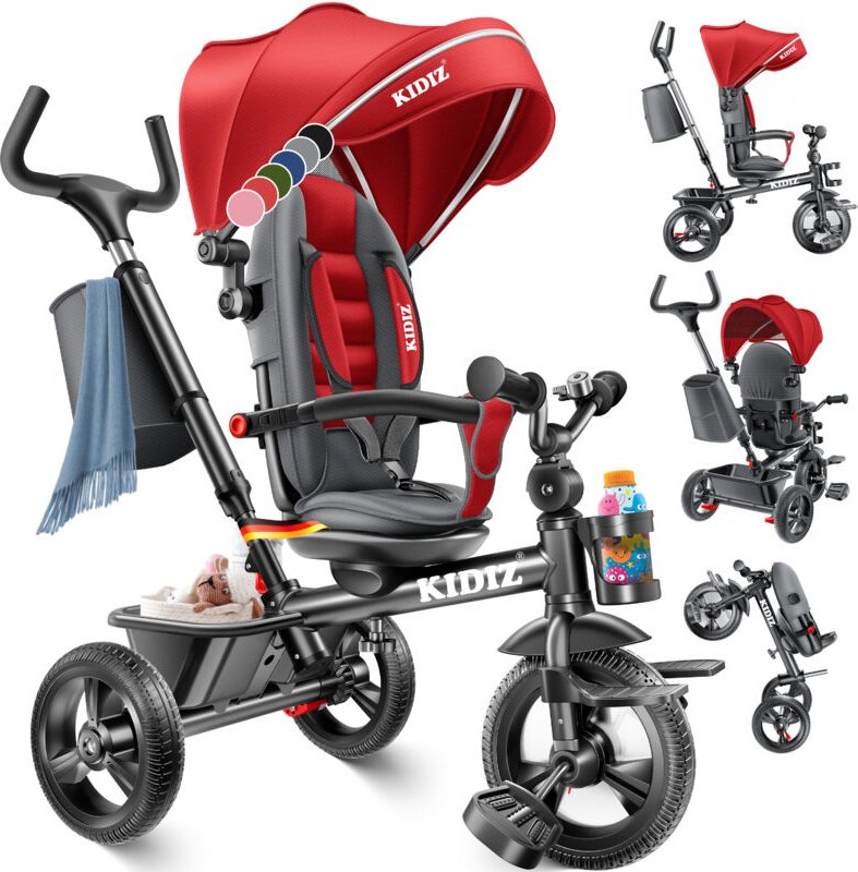 KIDIZ® Dreirad 5in1 Kinderdreirad mit Schubstange Lenksystem Stange ab 1 Jahr vorwärts und Rückwärtsfahrt Jogger Korb Ta...