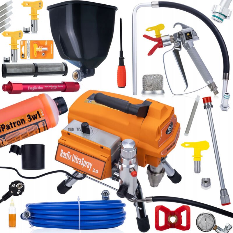 Rosfix Set Tornado RT4 UltraSpray – Airless Farbspritzgerät 3000 W, 22 MPa, 3,2 l/min 6 l Tank, 2 Düsen, 5 Filter Für In...