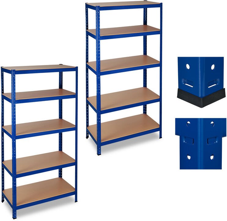 2 x Schwerlastregal, Traglast 1325 kg, 5 Ebenen, zum Stecken, Keller, Garage, Stahl, HxBxT: 180 x 90 x 45 cm, blau