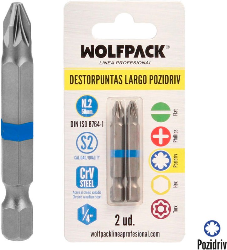 Langer Pozidriv-Bit-Entferner Nr. 2 (2 Stück) S2 Chrom-Vanadium-Stahl. Sechskant-Bits, Spitzenentferner,