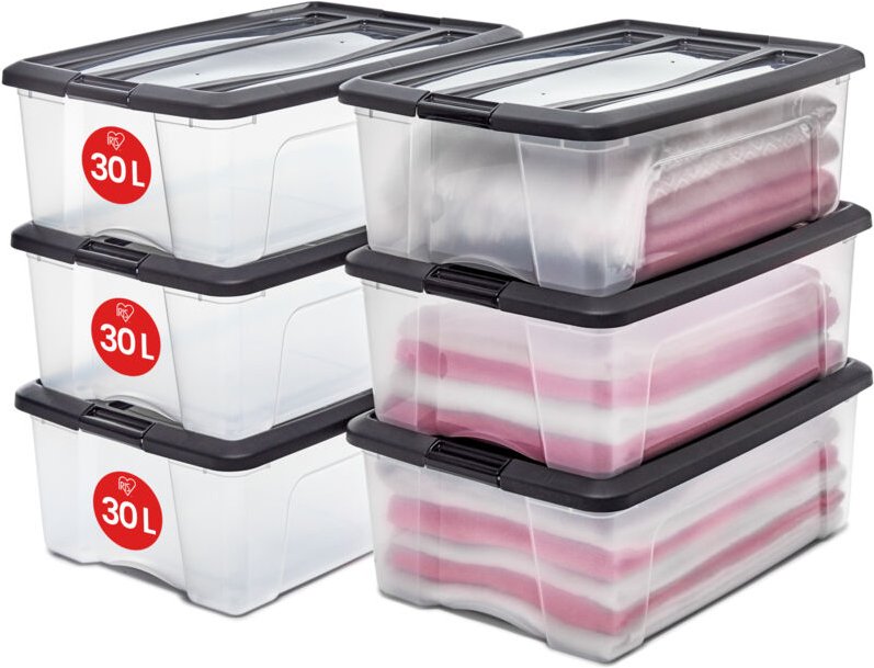 Iris Ohyama, Kunststoff-Aufbewahrungsboxen mit Deckel, 30L, 6er-Set, schwarz, NTB-30
