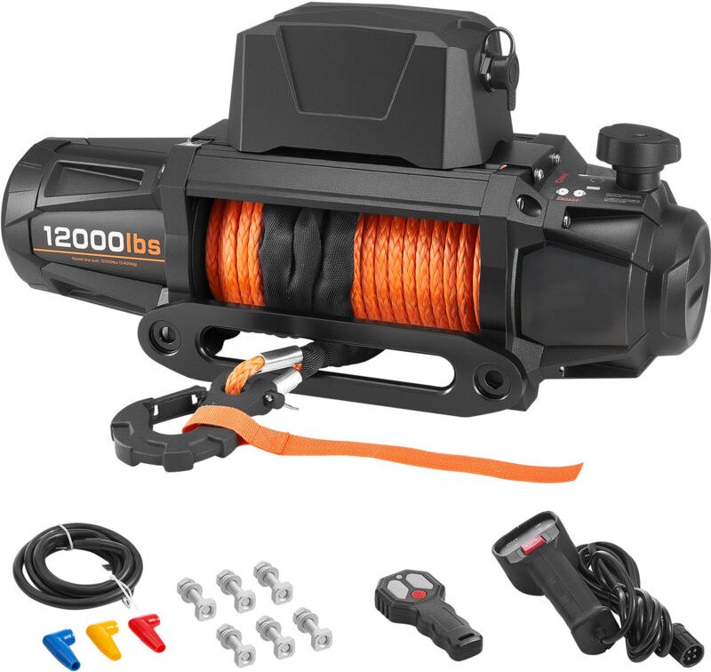 Mophorn Elektrische Seilwinde, 5400 kg, 12 V DC Winde mit Φ 9,5 mm x 28 m Synthetikseil, kabelloser und kabelgebundener ...