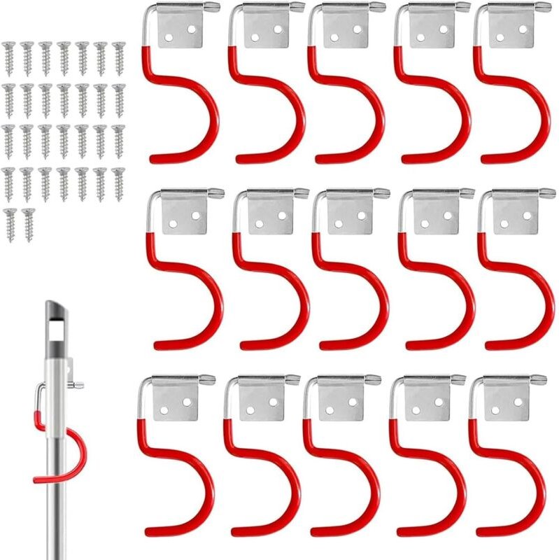 Gartengerätehalterung, 15 rote Wandhaken, Garagenhaken, rutschfestes Gummi-Aufhängesystem für Gartengeräte, mit 30 Schra...