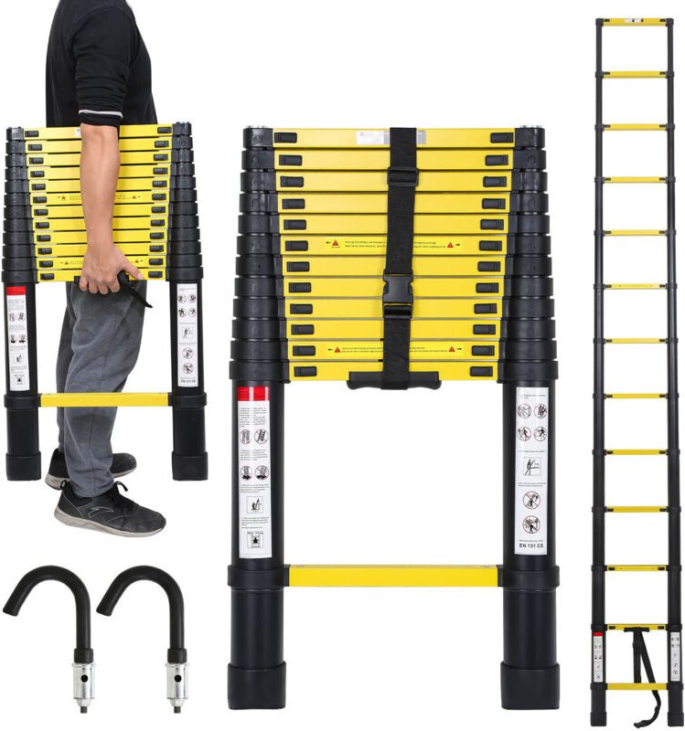 Wolketon Teleskopleiter Alu Leichtgewicht Rutschfester 3,8m schwarz + Haken Multifunktionsleiter Mehrzweckleiter Auszieh...