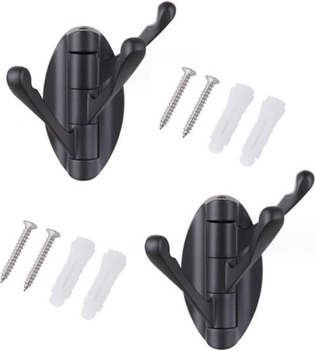 BEBUSINGOTO (Schwarz) 2er-Set schwenkbare Wandgarderobe aus Edelstahl mit 3 Klapparmen, 180° drehbarer Kleiderbügel/Klei...