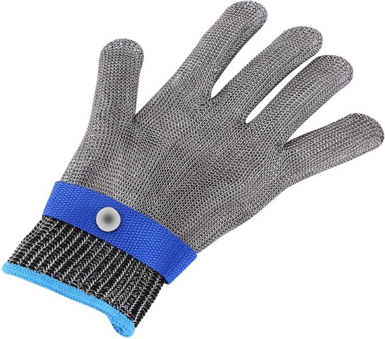 Metzgerhandschuh aus Baumwolle, schnitt- und stichfest, mit Edelstahlgewebe.