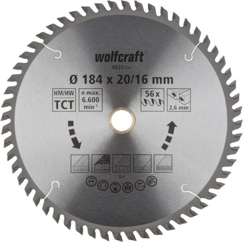 Wolfcraft Kreissägeblatt 184 x 20/16 mm 56 Zähne Hartmetall Kreissägeblatt