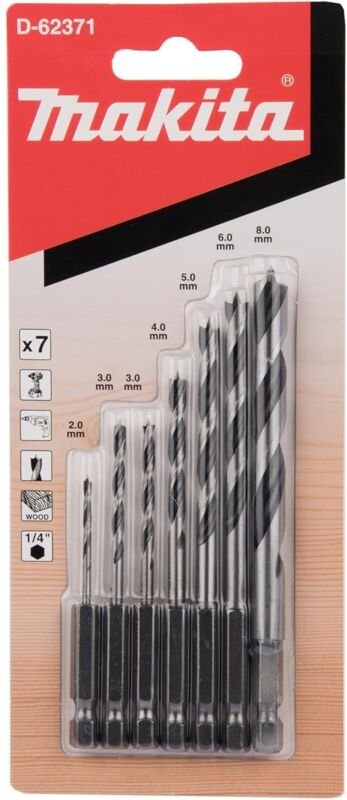 Satz mit 7 spiralförmigen Holzbits, 1/4'' Sechskantschaft – Makita D-62371