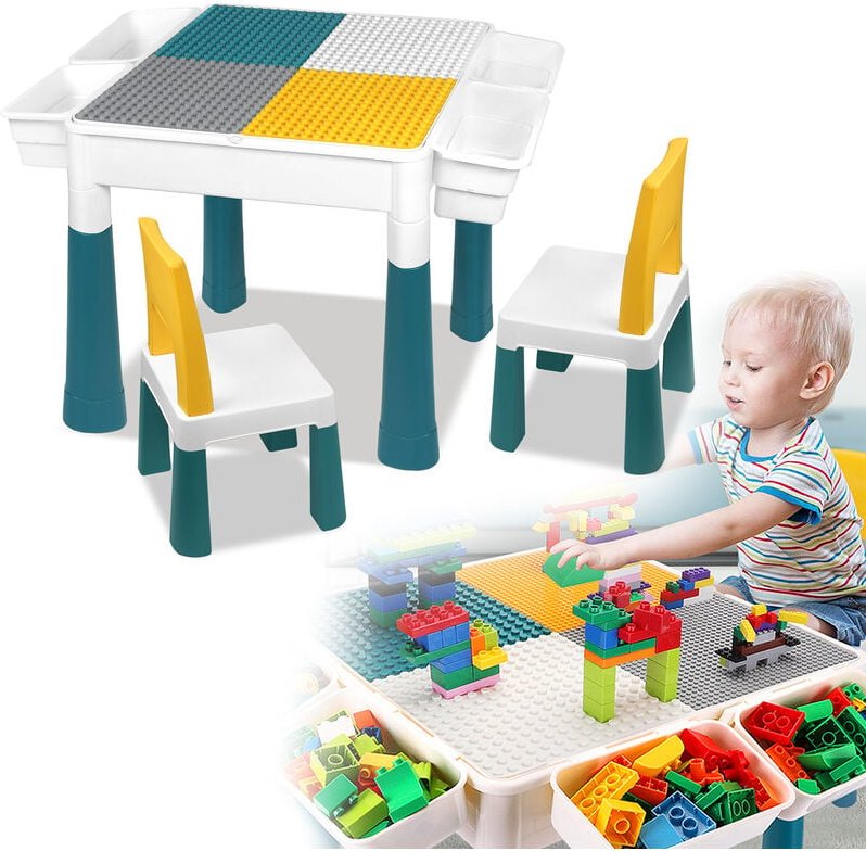 Kindertische Kindertisch Aktivitätstisch Set mit 163 Stück Bausteine 2 Stühle Multifunktionaler Bausteintisch mit doppel...