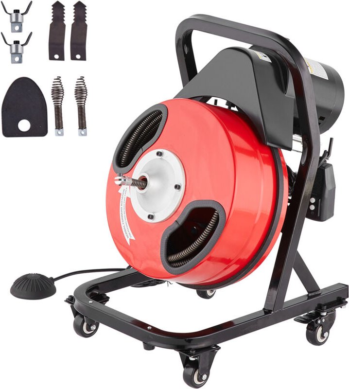 Mophorn - Rohrreinigungsmaschine 50 ft x 1/2 Zoll, manuelle Rohrreinigungsspirale – mit Rädern, 4 Schneidern und luftakt...