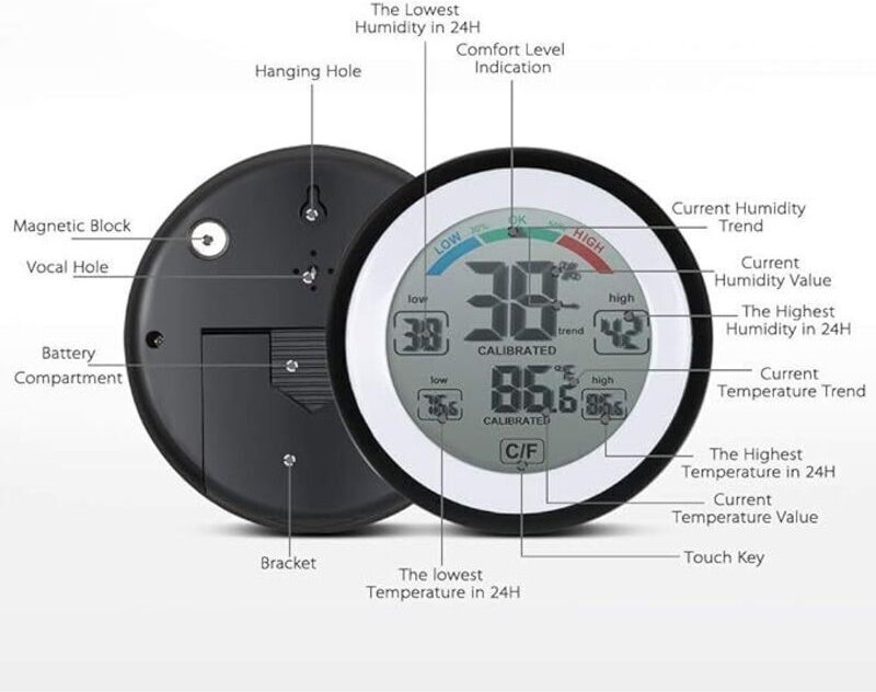 Digitales Hygrometer, Tischthermometer mit präziser Max/Min-Anzeige, Touchscreen zur Wandmontage für Küche, Weinkeller u...