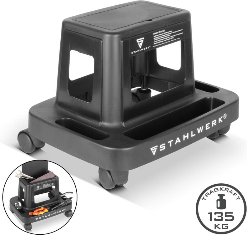 STAHLWERK Mobiler Werkstattsitz 135 kg Rollhocker mit Innenfach