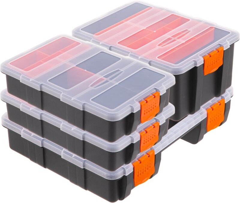 Relaxdays Sortierbox, 4er Set, 3 Größen, 49 Fächer, Kunststoff, Aufbewahrung Kleinteile, Sortimentsbox, schwarz/orange
