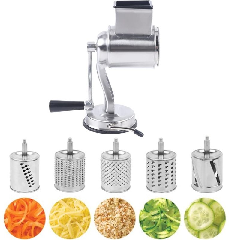 Edelstahl Trommelschneider mit Saugnapf mit 5 Edelstahl-Rolle, Gemüseschneider Gemüseheobel für Käse, Gurken, Karotten, ...