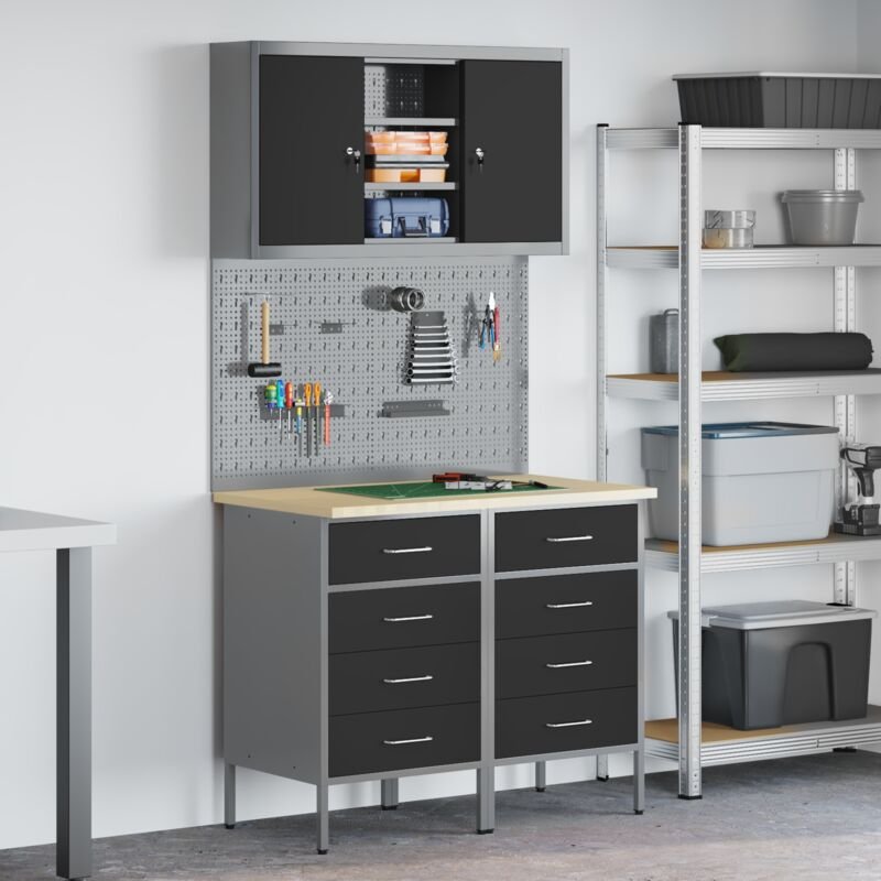 Werkbank mit Schubladen 5 pcs Schwarz 100 x 55 x 200 cm Stahl vidaXL