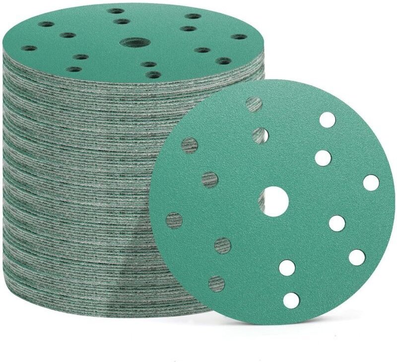 50 Stück Schleifscheiben 150 mm, 15 Löcher, 10 Körnungen 60/80/120/180/400, Schleifpapier für Exzenterschleifer (Grün (P...
