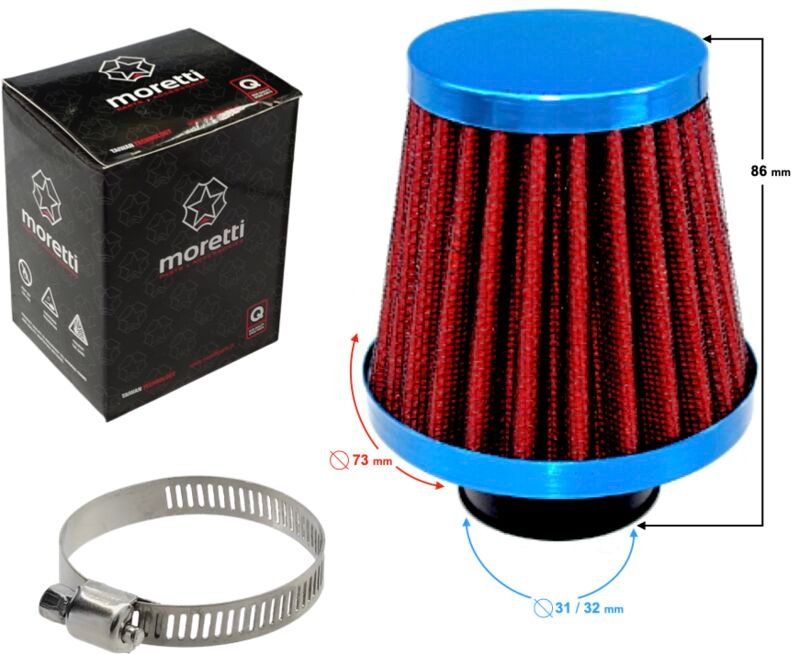Konischer Luftfilter, blau und rot, Durchmesser 31 mm