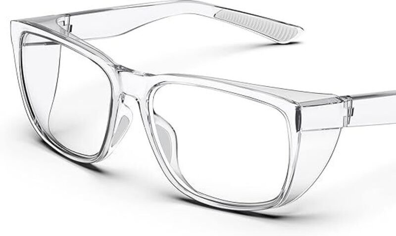 Klare Schutzbrille mit Seitenschutz, Antibeschlag, Kratzfestigkeit, rutschfesten Griffen und vollem UV-Schutz – Grau