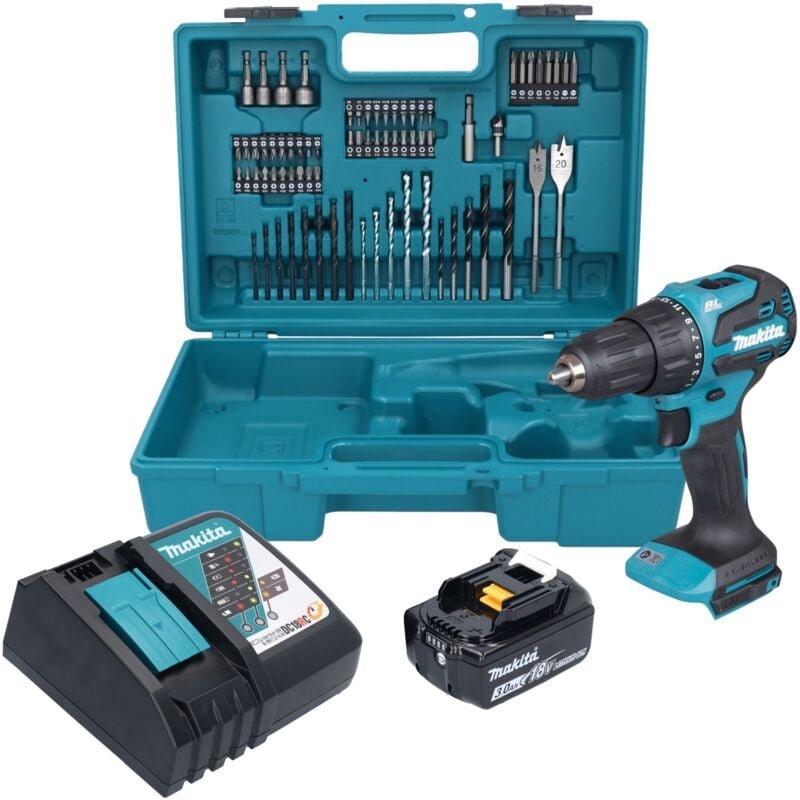 Makita DHP 490 RF1X3 Akku Schlagbohrschrauber 18 V 65 Nm Brushless + 1x Akku 3,0 Ah + Ladegerät + 74 tlg. Zubehör Set + ...