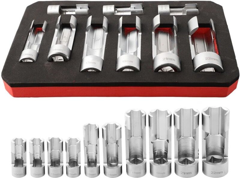 Spezieller Steckschlüsselsatz für Diesel-Einspritzdüsen. 9-teiliger Schraubenschlüsselsatz für 1/4", 3/8" und 1/2" Anwen...