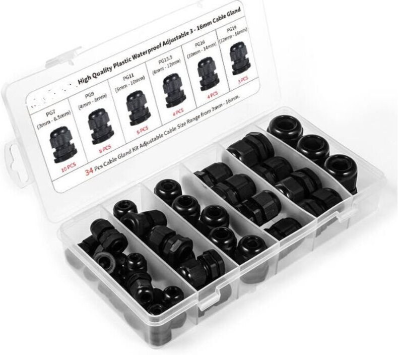 Kabelverschraubungen, Packung mit 34 wasserdichten Kunststoff-Kabelverschraubungen, PG7, PG9, PG11, PG13,5, PG16, PG19