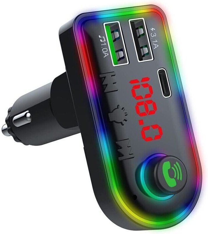 Bluetooth 5.0 FM-Autoradio-Transmitter – 3,1 A Schnellladefunktion – Zigarettenanzünderadapter mit 7-farbiger Ambientebe...