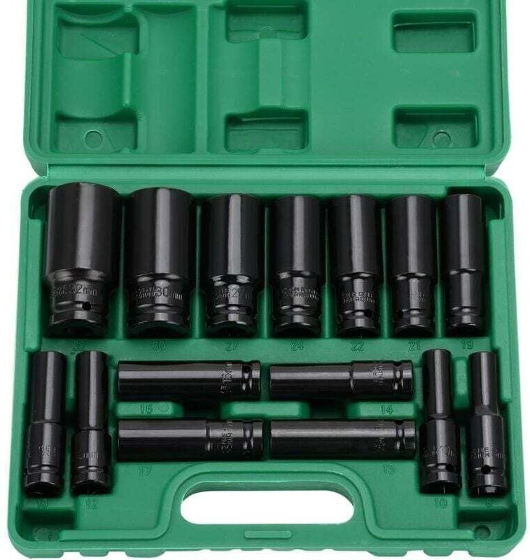 1/2"-Schlagschrauber-Steckschlüsselsatz, 15-teilig, 6-Kant CR-V 8-32 mm tiefe metrische Schlagschrauber-Steckschlüssel,